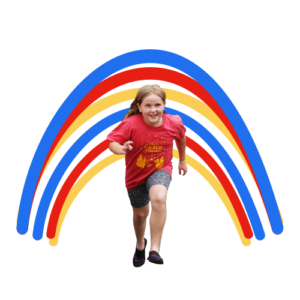 camper smiling and running through an illustrated version of a pool noodle rainbow.