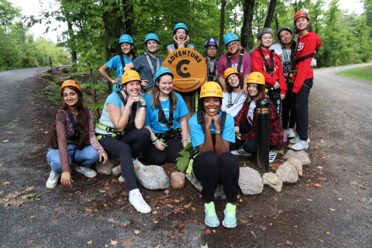 group of campers at adventure course at campfire circle muskoka