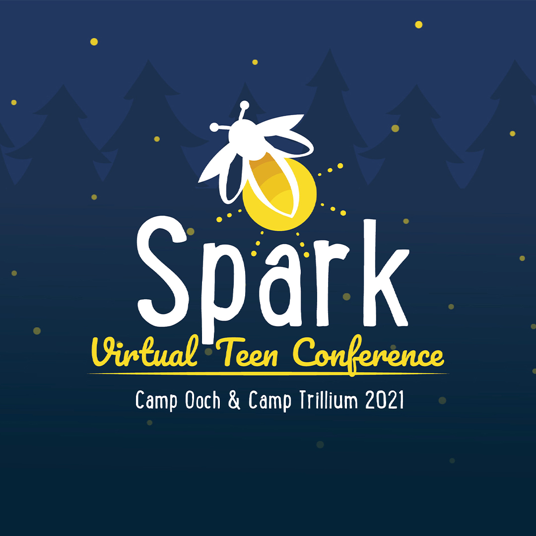 illustration of a firefly with the words "spark virtual teen conference" under it. The background is illustrated navy blue trees.